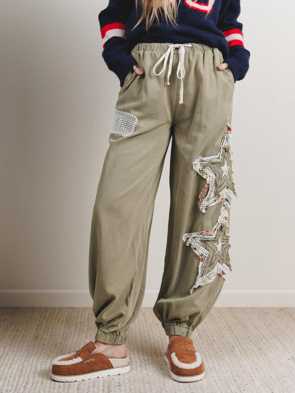 POL Clothing Olive Green Crochet Lace Star Patchwork Jogger Pants Size Small